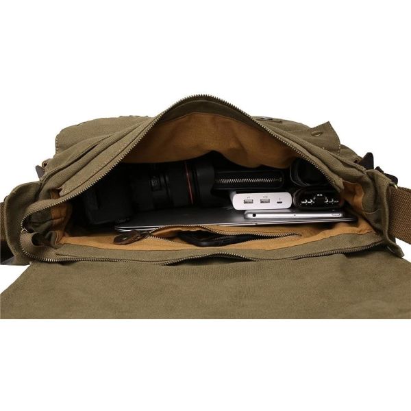 SECHUNK VINTAGE MILITARY LEATHER CANVAS LAPTOP BAG MESSENGER BAGS MEDIUM