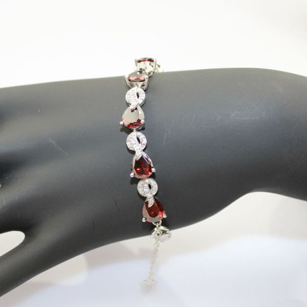 Sterling Silver Created Garnet Clear CZ Diamonds Tennis Bracelet(B02GARNET)