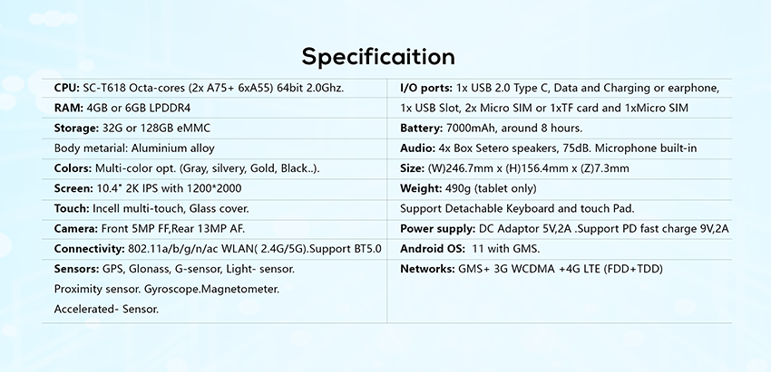 Kinstone 10.36 inch Tablet PC 7000mAh 4G LTE Octa-core Incell FHD 6GB+128GB