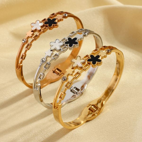 18K Gold Star Bracelet Stainless Steel Rose Gold Clover Flowers 5 Star Bangle Bracelet for Women