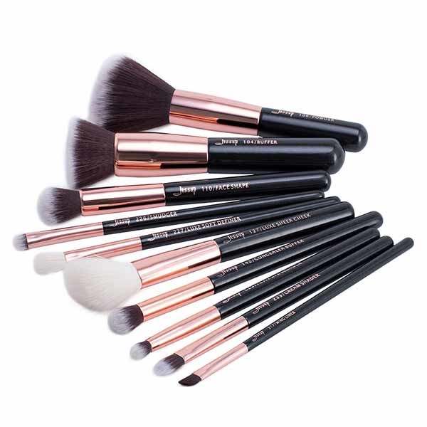 Jessup 10pcs Real Hair Makeup Brush Set Black And Rose Gold Makeup Brushes