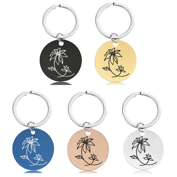 Stainless KeyKey chain pendant Month flower birthday holiday gift engraved metal key chain logo words