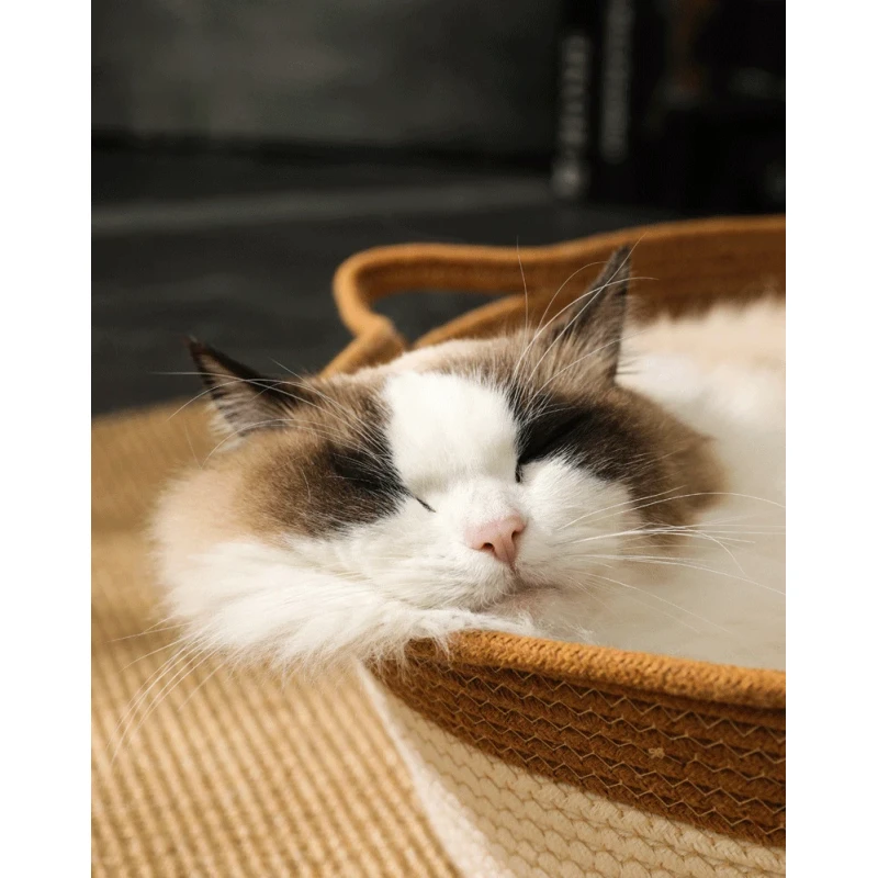 Handmade All-Season Cat Bed Solid Pattern Rattan Woven Pet Nest Winter Warm Removable Washable Pad Scratch Board Small Animals