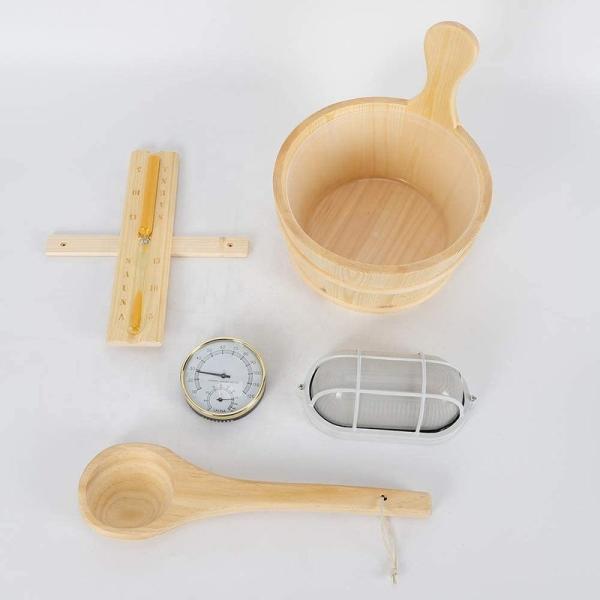 Sauna Accessories Kit Pail Wooden Bucket Dipper Lamp Traditional Pocket Timer with Thermometer Water Scoop Hourglass Spa Home Sauna Kit