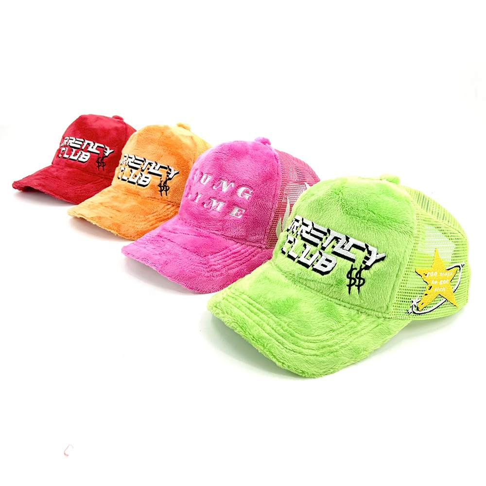 5 Mesh Fluffy Velvet Custom 3D Embroidery Trucker Hats panel Snapback Cap