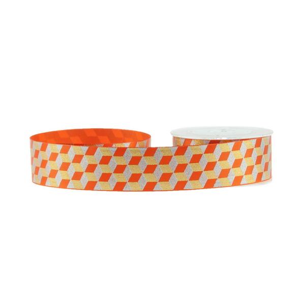 Orange Tantan Printed Satin Ribbon Polyester Material With Foil Silver