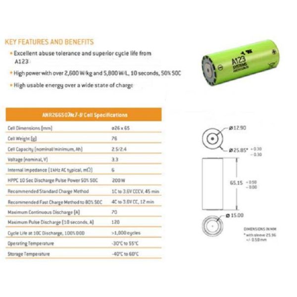 A123 3.2V 26650 LiFePO4 Battery with Low-temperature Resistance, High-speed 4C Charging and 50C Discharging for Electric Tools