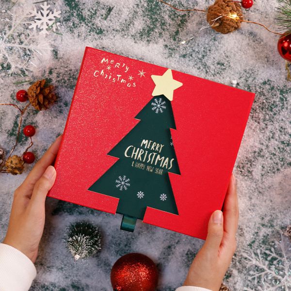 Double Opening Christmas Gift Box Red Surprise Present Packaging Merry Christmas Happy New Year Print Empty DIY Gift Box For Xmas Eve