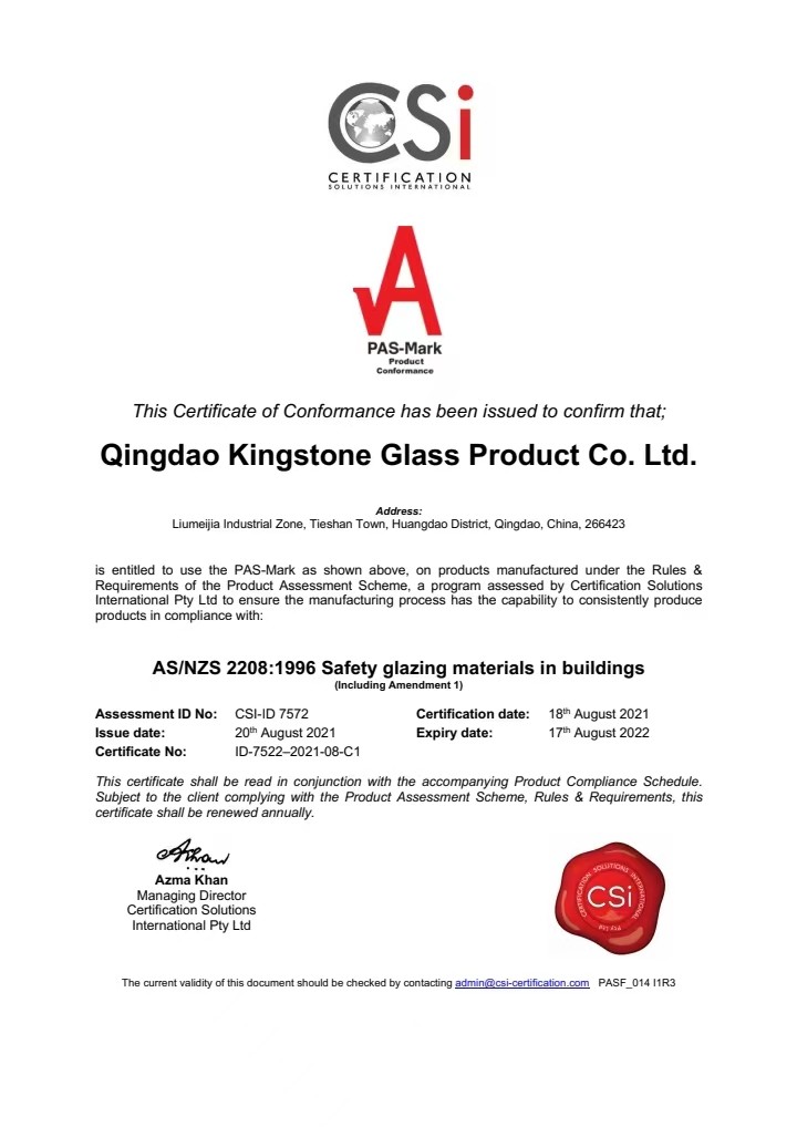 QINGDAO KINGSTONE GLASS PRODUCT CO.,LTD Сертификации