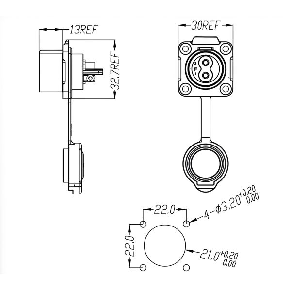 20A IP68 In-Line Cable Connector, 3-Pin LP20 Series, Metal-Nylon Hybrid, Solder Termination, Waterproof Wire-to-Wire Coupler