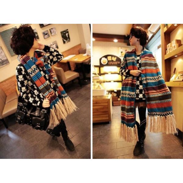 Large Women Warm Winter Long Striped Shawl Wrap Tassel Scarf Thick Wool Crochet Scarves