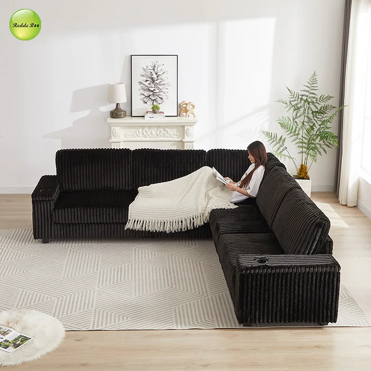 Corduroy L - Shaped Sofa with USB Ports: Plush, Practical for Comfort & Device Charging