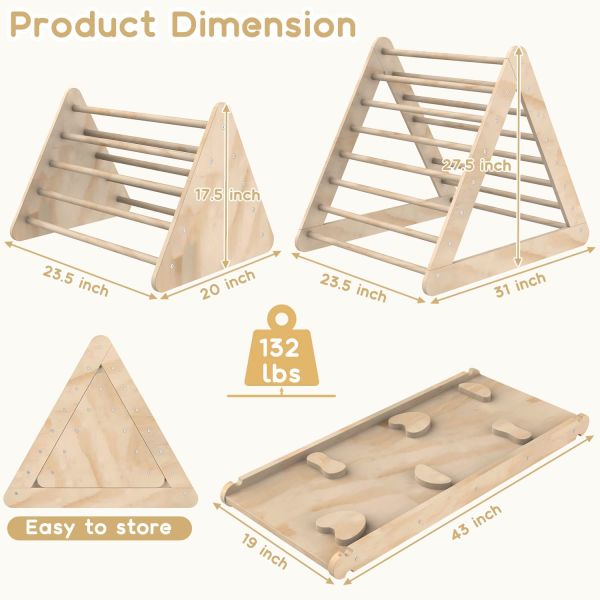 Unisex Wooden Climbing Triangle Ladder With Ramp and Stained Finish for Toddlers