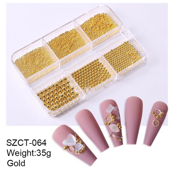 Steel Balls 3D Nail Art Decorations 6 Grid Mixed Metal Round Bead Nail Charms in Bulk