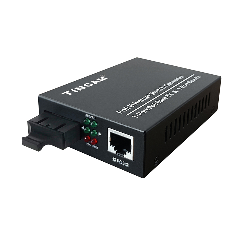 TiNCAM 10/100Mbps 1 Fiber 1 PoE Port Fiber Media Converter IEEE 802.3af/at 20km Single Mode Dual Fiber 1310nm SC 48W Power Adapter TBC-PSF4311E-D20S