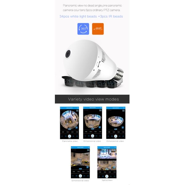 Indoor Wifi Light Bulb Camera Fisheye Panorama Smart Net Connection