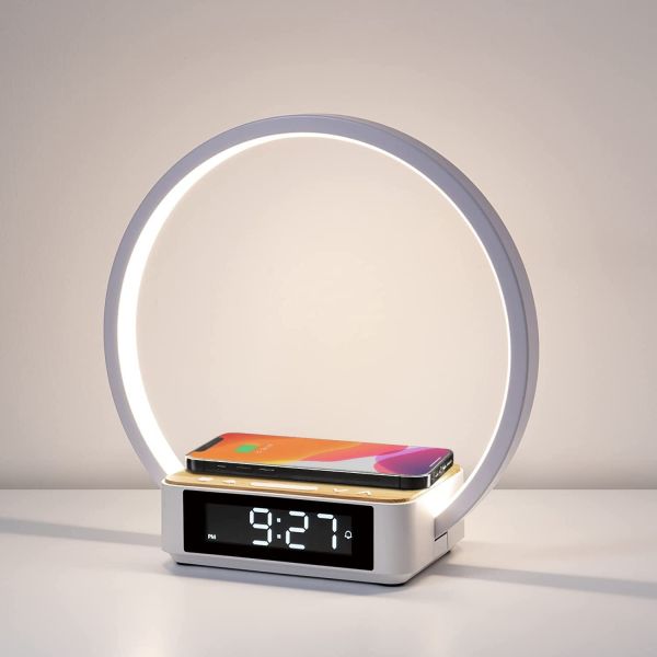 Touch Table Lamp with Wireless Charger, Nightstand Lamp with Clock, Wake-Up Light 3 Levels Brightness LED Night Light