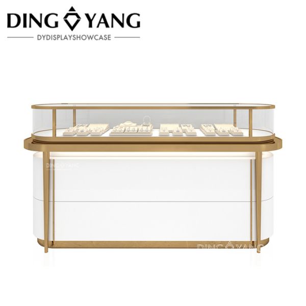 High End Large Jewelry Display Case For Jewelry Store, Golden Hairline Stainless Steel And Ultra-Clear Tempered Glass