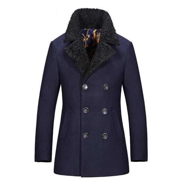 Regular Length Mens Wool Coat With Fur Collar , Mens Double Breasted Trench Coat