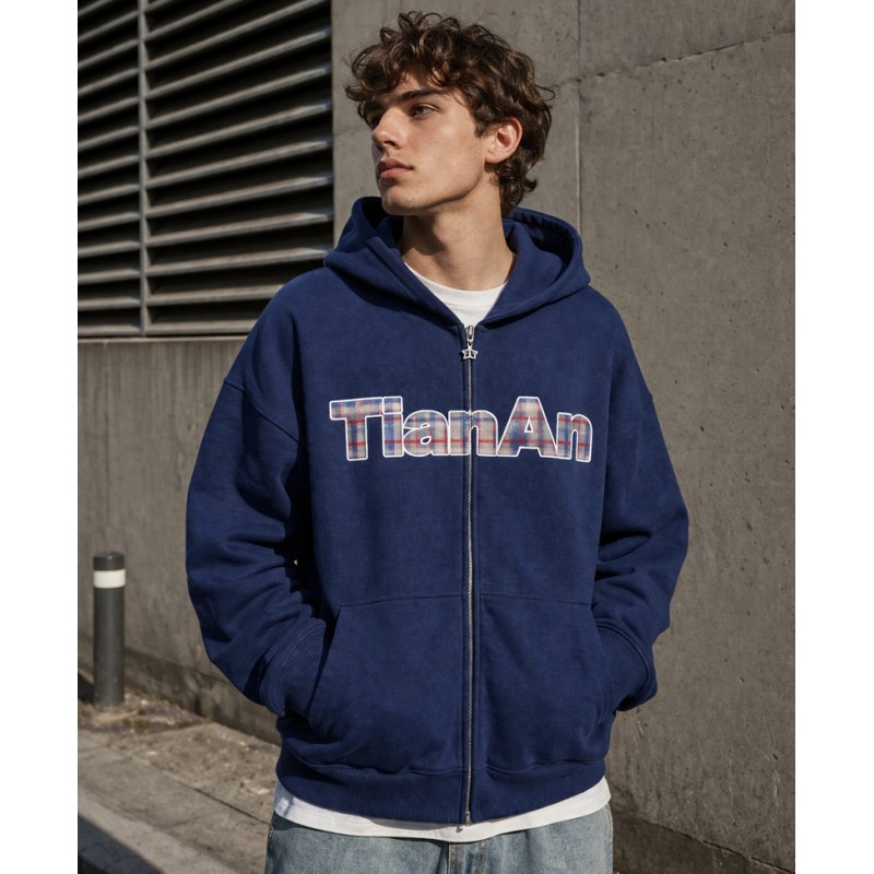 Navy Zip Up Hoodie | Plaid Fabric Patch Letter Logo Oversized Fleece Jacket | Unisex Vintage Streetwear Hooded Top