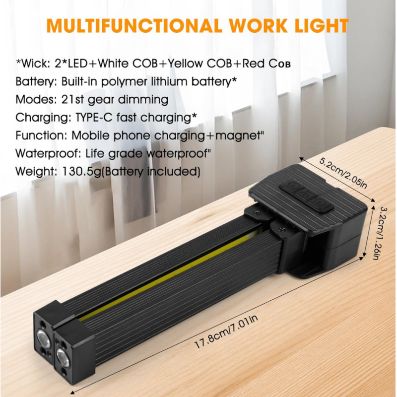 USB Rechargeable Magnetic 7th Gear Dimming Gym Lamp for Posing Handheld COB Work Light With 180 Degree Folding