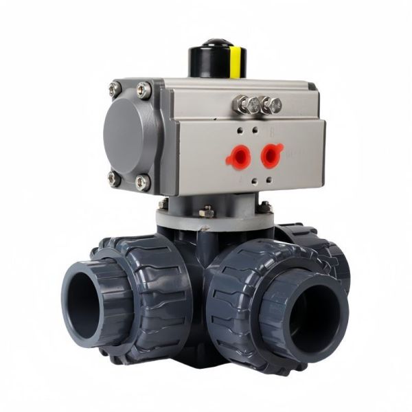 Industrial UPVC Pneumatic Three Way Ball Valve L T Flow Type Socket Union Anti Acid Alkali PVC Ball Valve for Chemical Industry