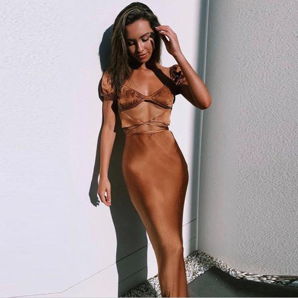 Short Sleeve Strappy Womens Party Maxi Dresses High Waist