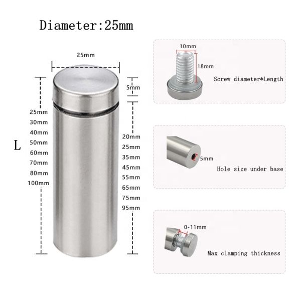 Metal Advertising Display Sign Standoff Stainless Steel Glass Holder High Strength