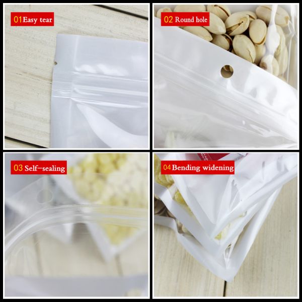 White Transparent  Zipper Bag Plastic Packaging Pearl Film Bags with Hang Hole for USB packing