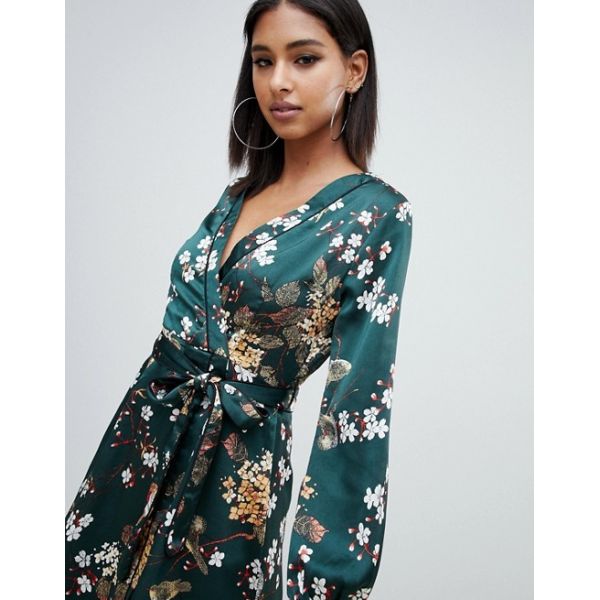 OEM fashionable green floral satin wrap mini tea dress