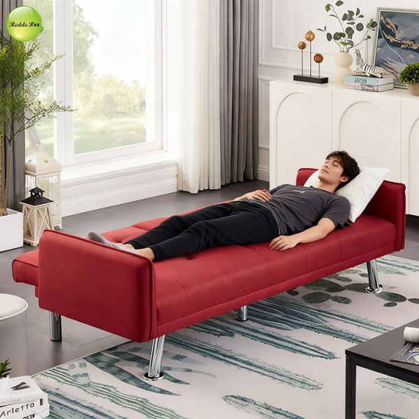 Modern Linen Fabric Foldable Sofa Bed With Cup Holder 2 Seater Living Room Sofa Convertible Sleeping Sofa Bed