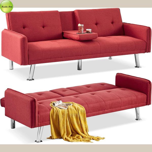 Modern Linen Fabric Foldable Sofa Bed With Cup Holder 2 Seater Living Room Sofa Convertible Sleeping Sofa Bed