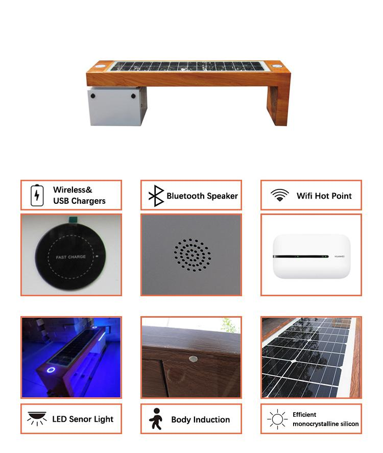 Mobiliário urbano moderno banco solar inteligente com luzes LED para parque, praia e comunidade