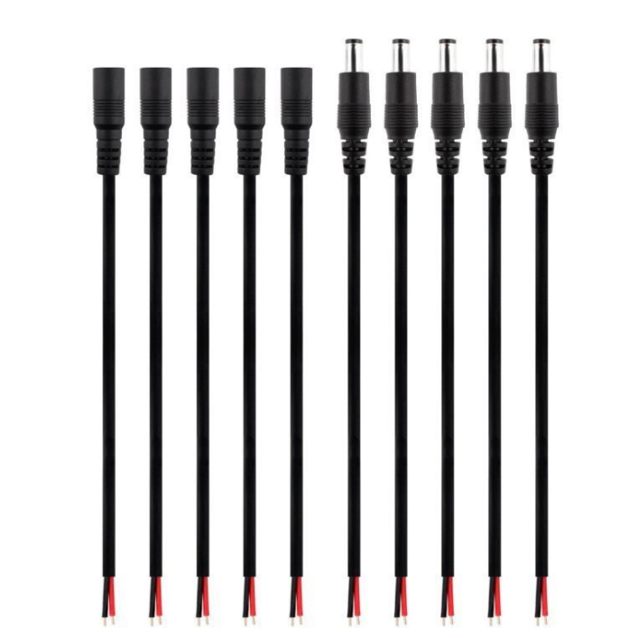 Black DC Barrel Power Plug Pigtail Cable with 2.1mm X 5.5mm Male Female Jack Connector
