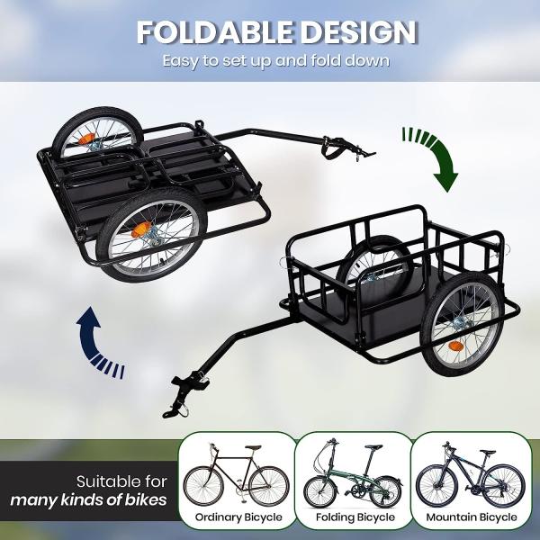 Foldable Bike Cargo Trailer with Bike Hitch, Bicycle Wagon Trailer with 16 Wheels & Reflectors, Large Loading