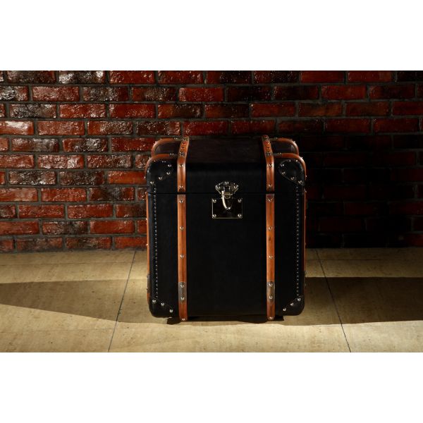 Black Full Genuine Leather Storage Trunk Lifted Cover With Solid Wood Bar