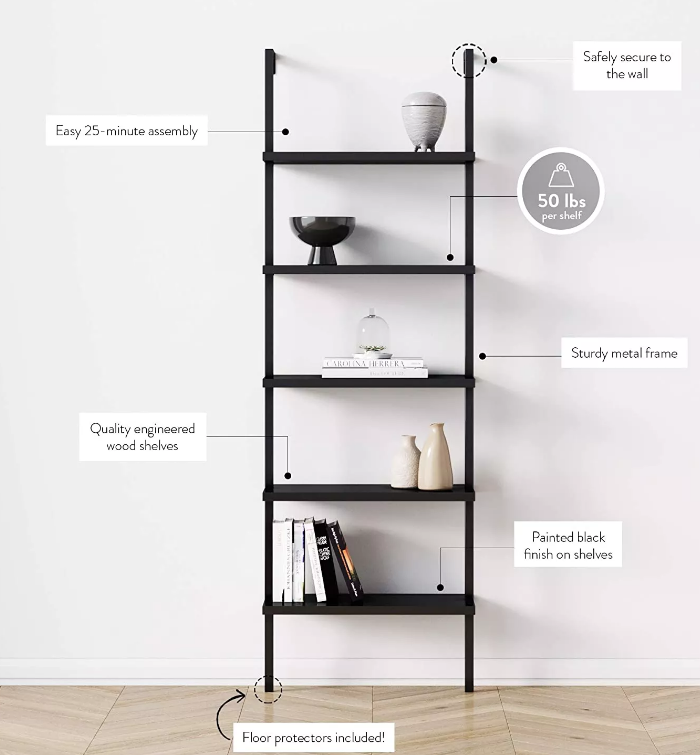 Living Room Black 5 Tier Metal And Wood Book Shelves MDF Board