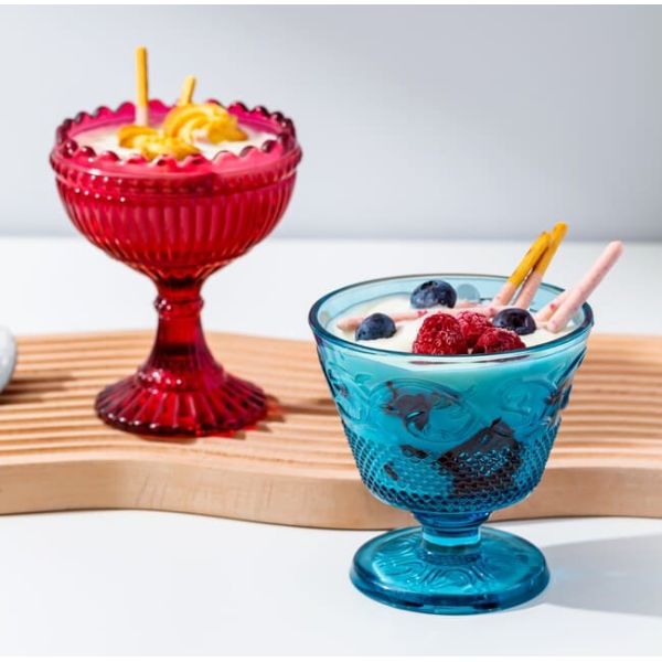 Pressed 8oz Blue Glass Serving Bowls 230ml Colored Mini Glass Trifle Bowls