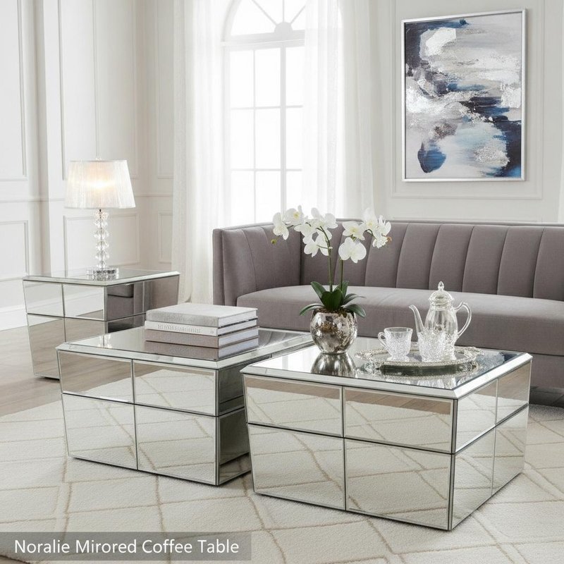 Noralie Mirrored Finish Coffee Table with Square Glass Top and Contemporary Design