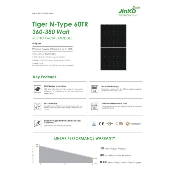 АКС Jinko Tiger N-type 60tr Солнечная панель 360W 365W 370W 375W 380W Солнечная панель панель Солнечный модуль Jinko Solar PV