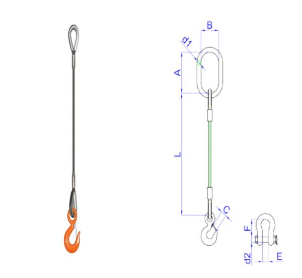 élingue équipée de câble métallique de 20mm, élingues de levage de câble en acier simple de jambe