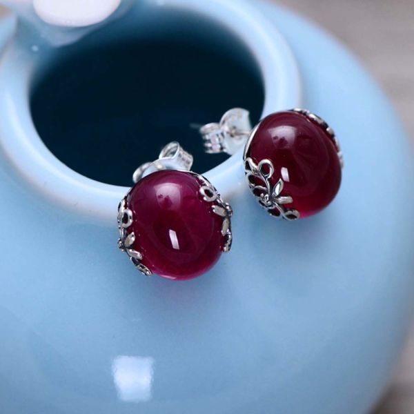 Sterling Silver Retro Style Oval Synthetic Ruby Stud Earrings (046690)