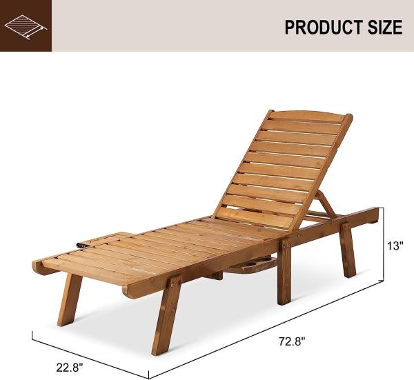 Outdoor Patio Adjustable Wood Chaise Lounge Recliner | Textilene Lounge Chair | Reclining Lawn Chair for Lawn