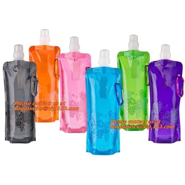 Spouted flexible foldable water bag with carabiner for running, flexible printing and lami