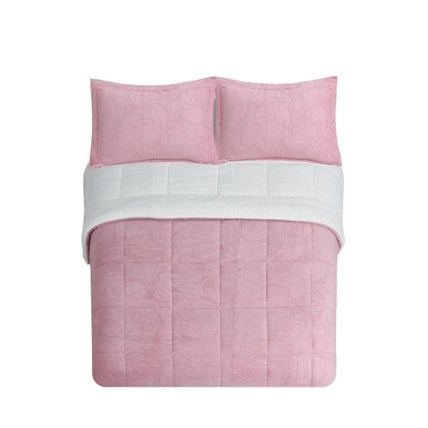 Solid Coral Fleece Embossed and Ecru Color Sherp Quilt Set- double-sided luxury fleece, 3D embossed patterns, and 100%polyester filling