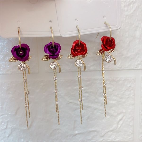 2025 New Arrival Fashion Fancy Pretty Purple Rose Zircon Long Tassel Earrings for Women