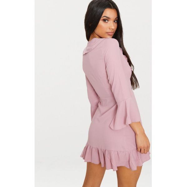2018 Summer Fashion Women Dusty Pink Frill Tea Dress With Horn Sleeve