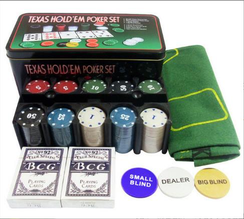 OEM Texas Hold 'Em Poker Set Blackjack Game With 200 Chips Tablecloth In Tinplate Box