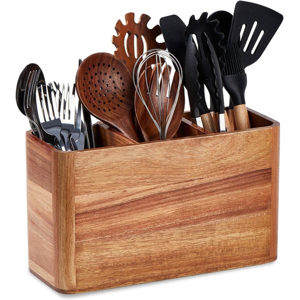 Countertop Large Acacia Wooden Utensil Holder for Kitchen Printing Handling laser engrave