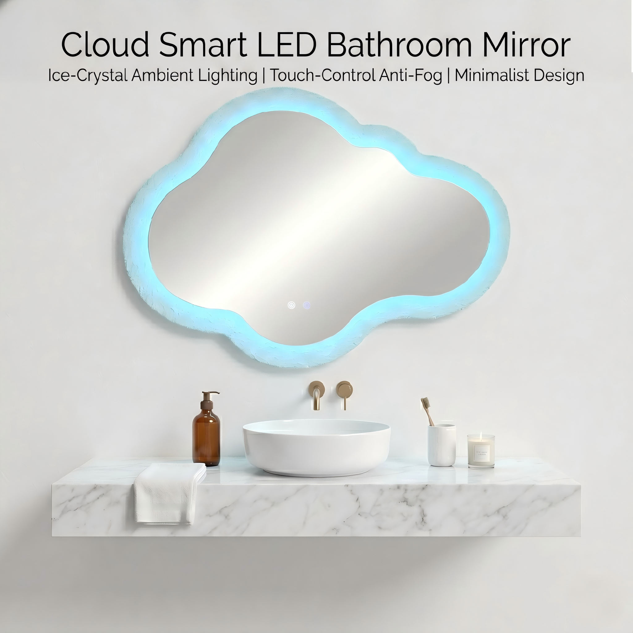 Kingstin Cloud Smart LED Bathroom Mirror, Dimmable 3-Color Light, Anti-Fog Touch Control, Acrylic Frame Aesthetic Vanity Mirror
